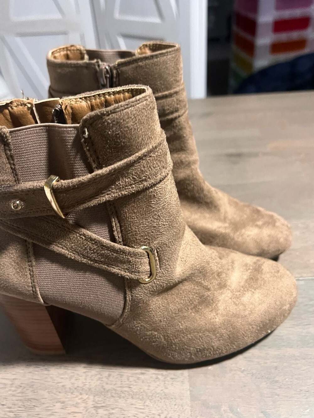 Charles Albert Taupe Suede Ankle Booties with Gold Buckle Detail
